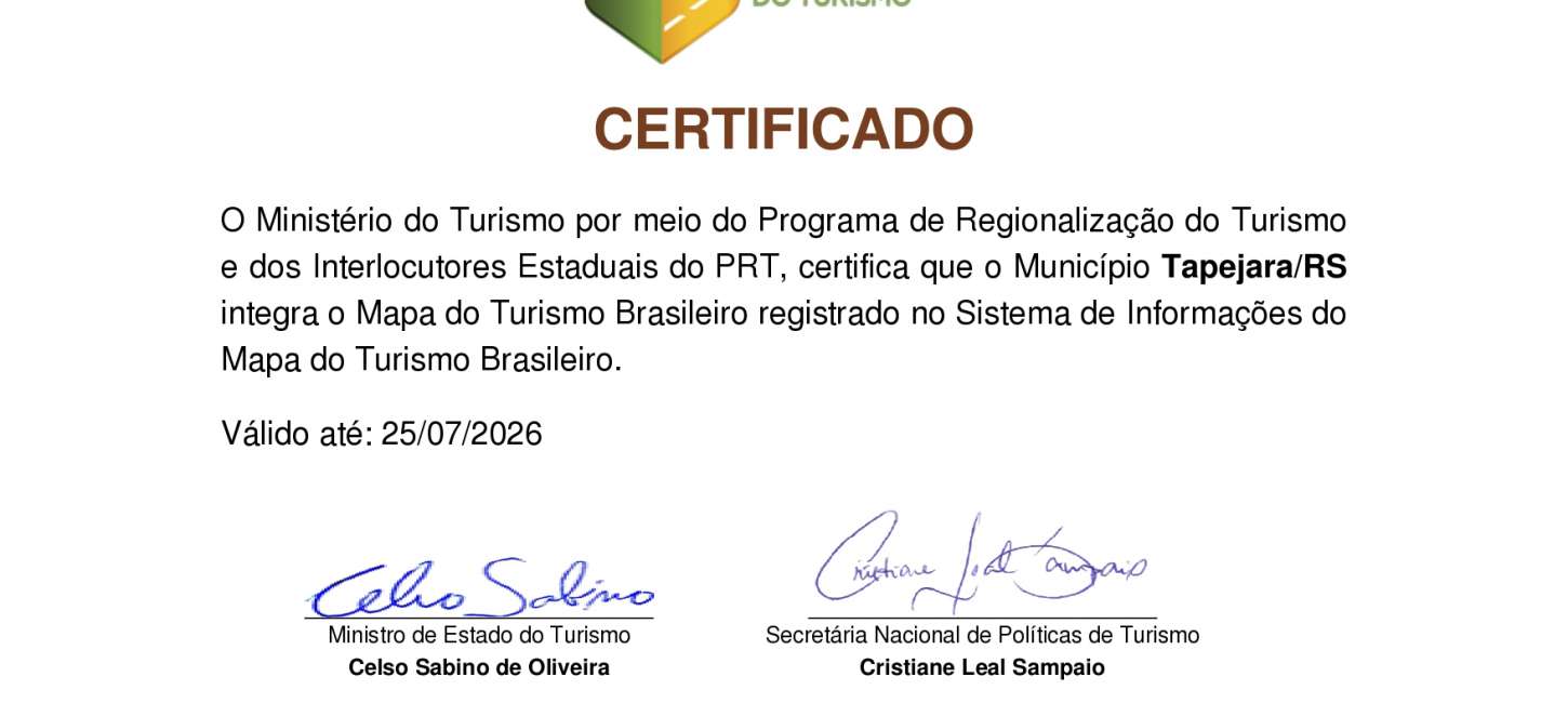 Tapejara é certificado no Mapa do Turismo Brasileiro