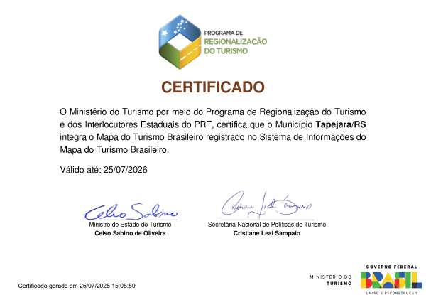 Tapejara é certificado no Mapa do Turismo Brasileiro