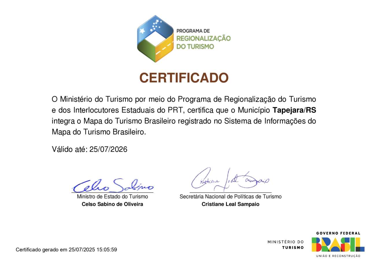 Tapejara é certificado no Mapa do Turismo Brasileiro