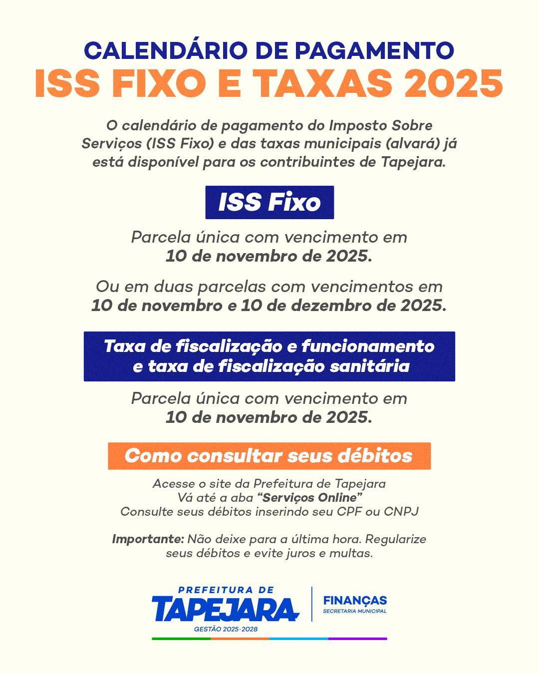 Calendário de Pamento ISS Fixo e Taxas 2025